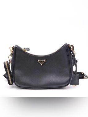 Prada Black Saffiano Leather Crescent Shoulder Bag with Gold Hardware